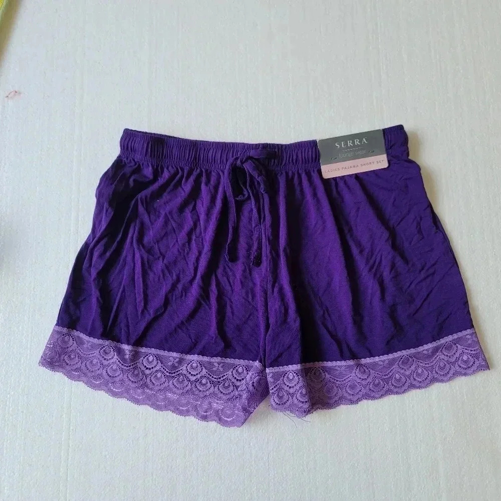 NWT SERRA Purple Stretch Lace Elastic Waist Lounging Sleep Shorts Rayon